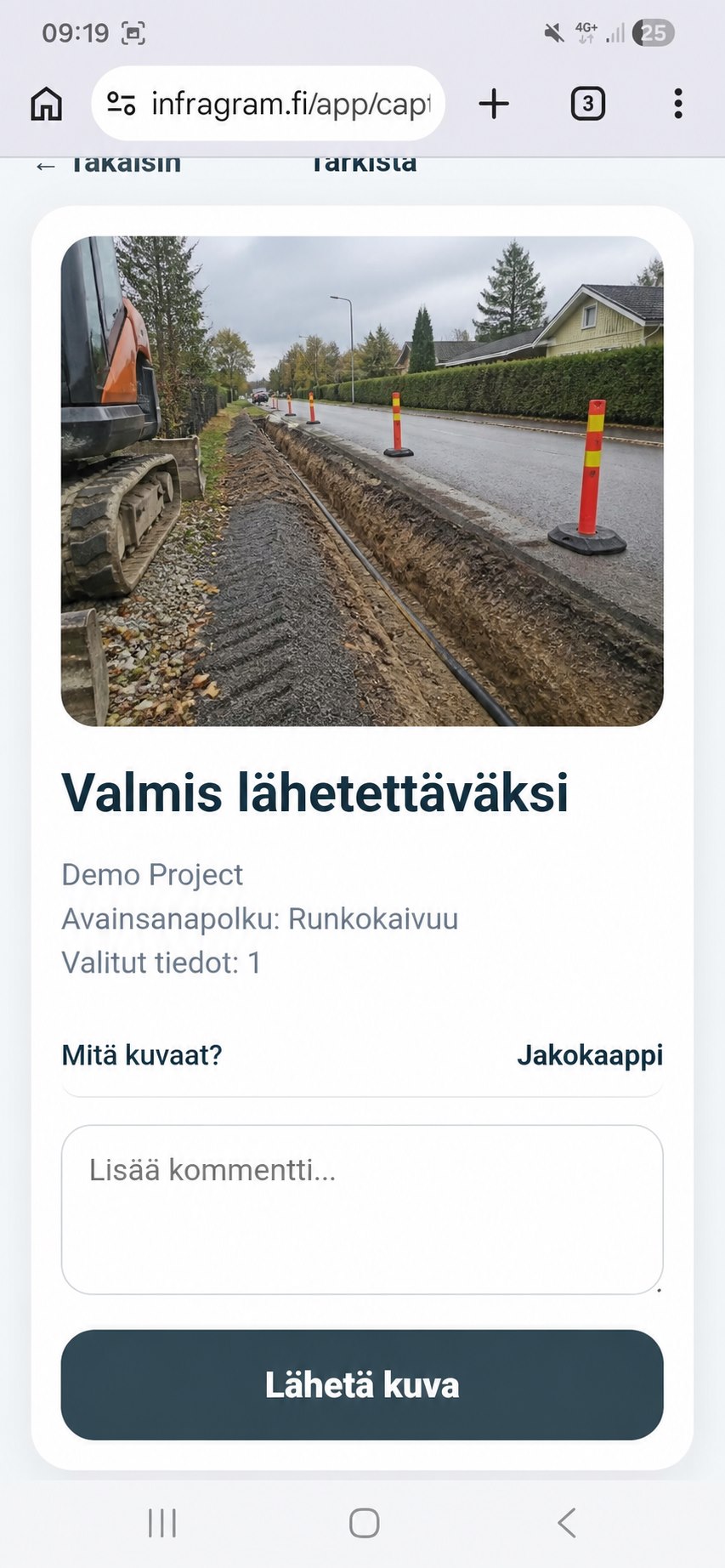Infragramin kuvan lähetysnäkymä mobiilissa