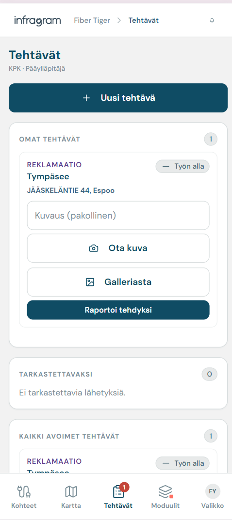 Fiber Tigerin tehtävänäkymä, jossa käyttäjä näkee avoimen reklamaatiotehtävän, sen kuvauksen sekä valmistumisesta ilmoittamisen.