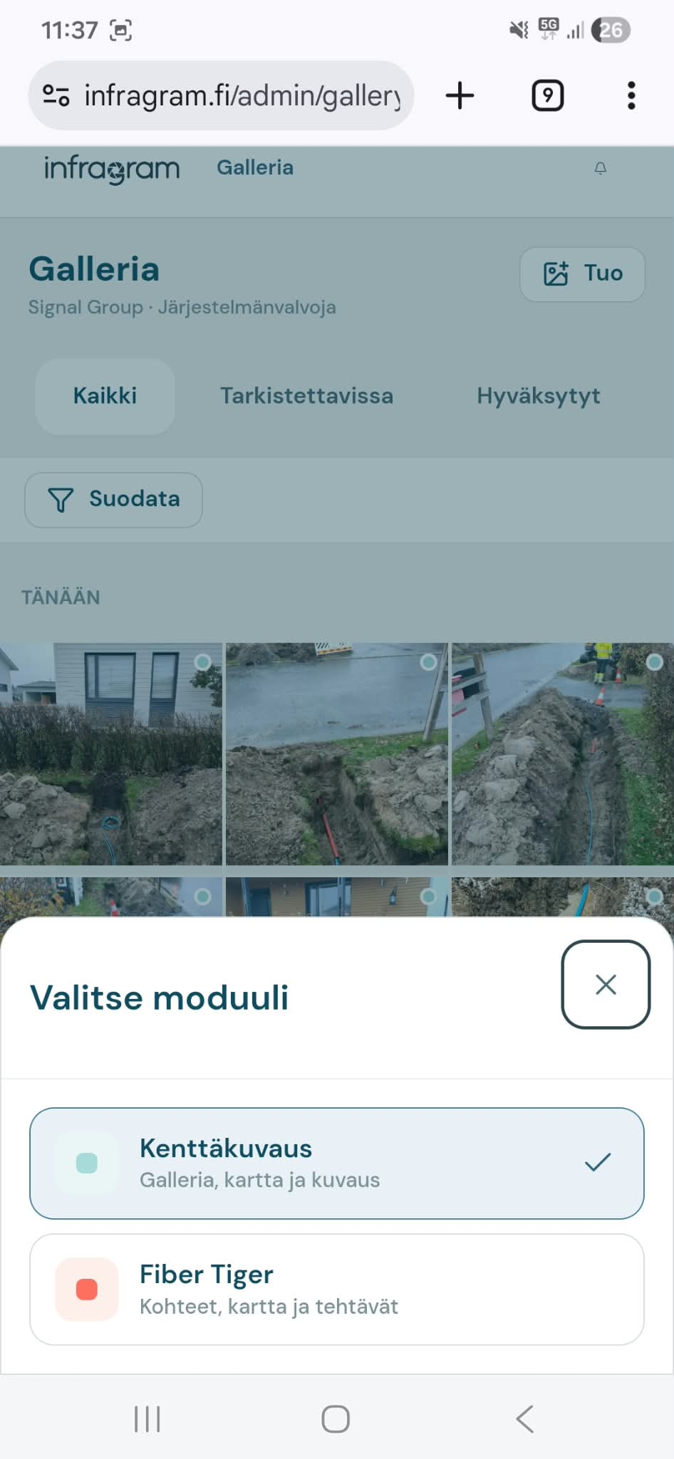 Infragramin kenttäkuvausten galleria, jossa näkyy työmaavalokuvia ja moduulin valinta.